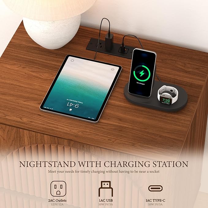 Nightstand with Drawers, 2-Drawer Arched Fluted Nightstand with Charging Station, Wooden Night Stand with Storage,Modern Furniture for Bedroom Organization, Walnut