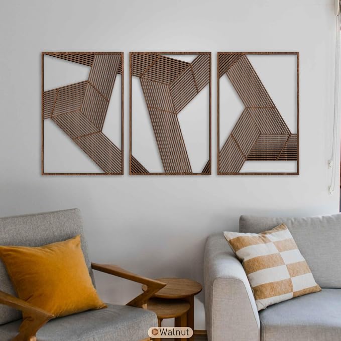 3D Geometric Wood Wall Art Set of 3, Abstract Architectural Line Panels, Mid Century Modern Minimalist Wooden Wall Decor, New Home Gift for Living Room and Bedroom