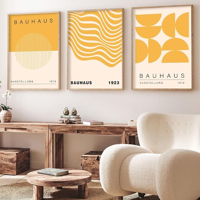 Geometric Line Wall Art Abstract Shape Prints Bauhaus 1923 Poster Beige and Yellow Wall Art Mid Century Modern Artwork Bauhaus Exhibition Poster Boho Modern Pictures for Living Room 16x24inch Unframed