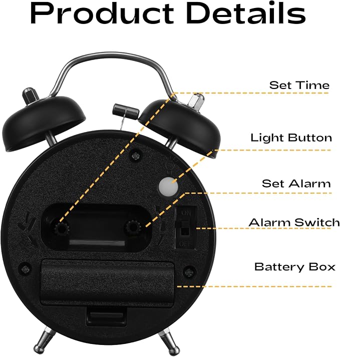 AKCISOT Loud Alarm Clock for Heavy Deep Sleepers,3 Inches Analog Metal Twin Bell Clocks Battery Operated with Backlight for Bedroom Bseide, Old Fashioned for Desk Home Decoration (Black White)
