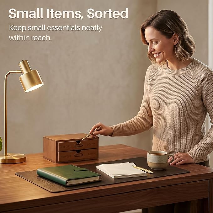 Flexzion Wood Desk Organizer with 2 Drawers, Vintage Desktop Drawers Cabinet for Office Supplies, Home Workspace, Countertop, Vanity, Craft Tools & Mail, No Assembly Required