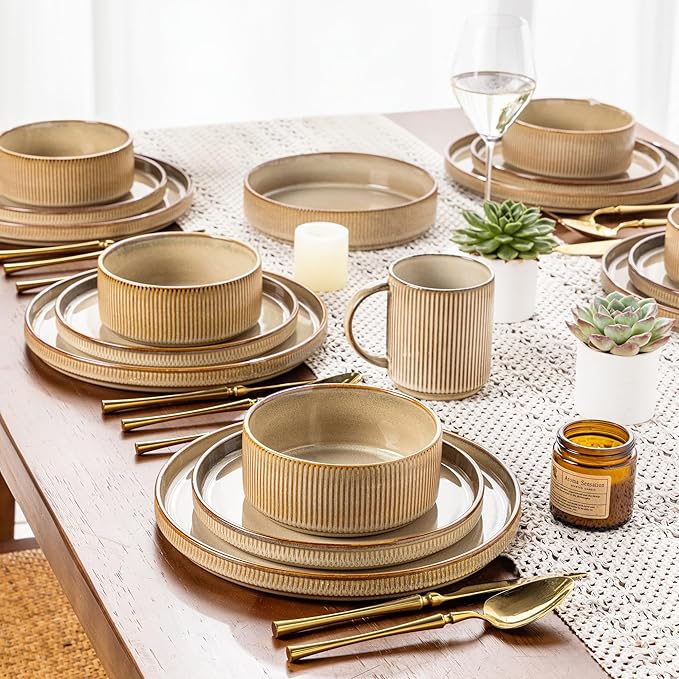 GBHOME 12-Piece Stoneware Dinnerware Set for 4 – Ribbed Ceramic Plates and Bowls, Scratch-Resistant, Microwave & Dishwasher Safe, Reactive Glaze, Barley Latte