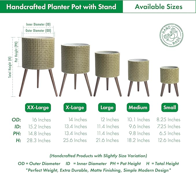 D'vine Dev 14 Inch Modern Geometric Tile Patterned Sleek Planter Pot with Stand, Indoor Outdoor Decorative Plant Holder, Distressed Olive, 88-Z-D-4