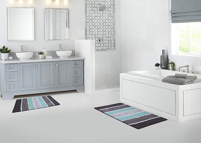 Bathroom Rugs Set 2 Piece Grey/Aqua Luxury Stripe Non-Slip Cotton Bath Mats for Bathroom Floor |Quick Dry Shaggy Carpet for Tub Spa Shower|Living Room Entry Way Door Mats |21x32 & 17x24 Inches