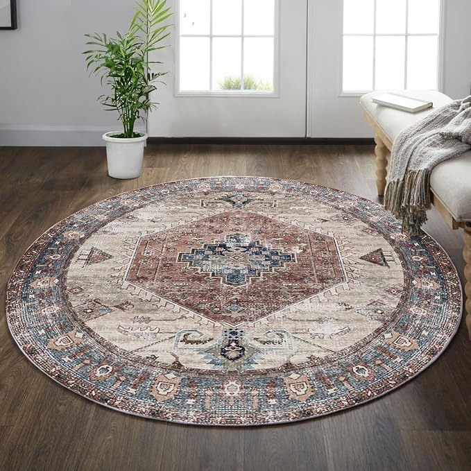 vivorug Round Rug 6ft Vintage Round Area Rug Non-Slip Indoor Carpet for Living Room Bedroom Entryway, Stain Resistant Home Decor Circle Rug, Brown