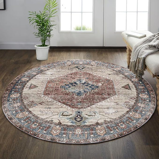 vivorug Round Rug 6ft Vintage Round Area Rug Non-Slip Indoor Carpet for Living Room Bedroom Entryway, Stain Resistant Home Decor Circle Rug, Brown