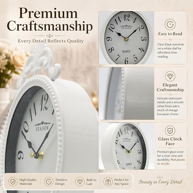 Battery Operated French Vintage Table Clock, 10.8" Small European Shabby Chic Mantel Clock with Ornate Scrollwork, Retro Desk Clock Quartz Silent Non-Ticking for Living Room, Bedside, Fireplace Decor