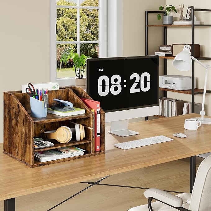 CHOEZON Wooden Desk Organizer with Adjustable Partitions, Multi-Layer Desktop File Holder for Home Office, Paper & Stationery Storage Organizer, Rustic Brown MWJ04FG
