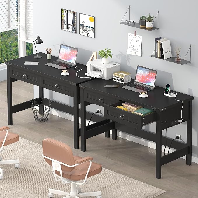 YOMILUVE Farmhouse Computer Desk with 2 Drawers, 39 Inch Small Black Computer Desk with Power Outlets, Home Office Desk Compact Writing Study Table for Small Spaces