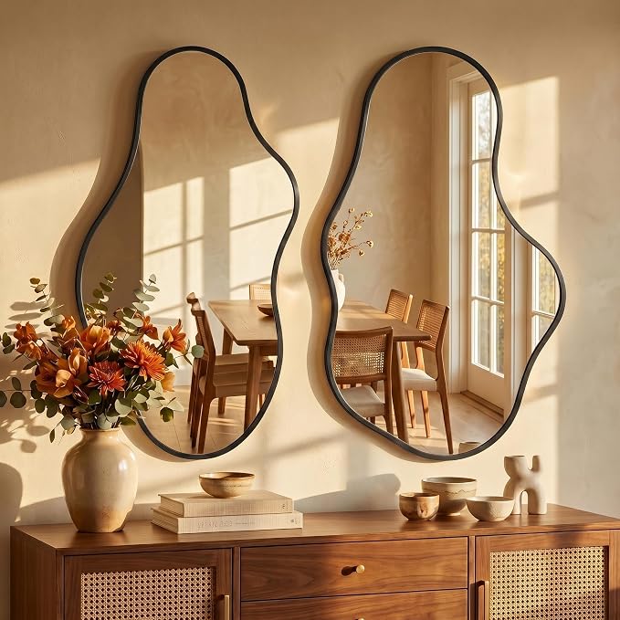 Dorlicecass Irregular Wall Mirror - Wall Mirrors Decorative 22"x 36" Asymmetrical Abstract Mirror Aviation Aluminum Alloy Frame Unique for Bathroom, Bedroom, Living Room, Cloakroom, Entryway Black