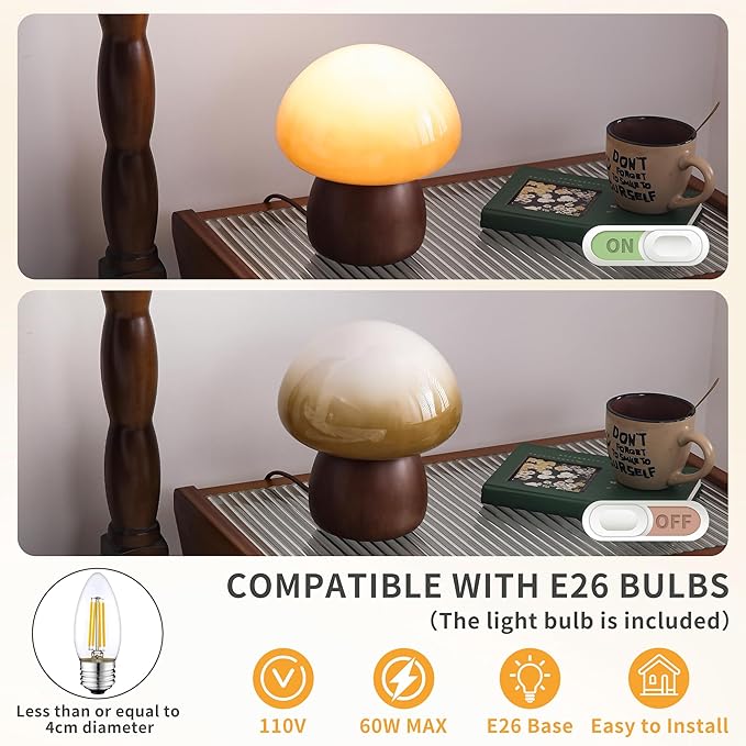 Wooden Base Small Table Lamp for Bedroom 60W Mushroom Table Lamps Gradient Colored Glass Shade Modern Side Table and Desk Lighting H 8.07 in (The Light Bulb is Included)