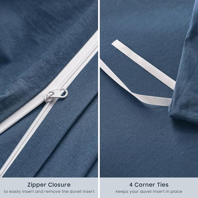 Wake In Cloud - Cotton Duvet Cover Set, 100% Washed Cotton, Linen Like Textured, Breathable Durable Comfy Farmhouse Neutral Bedding Set, 3 Pieces, Navy Blue, Full Size