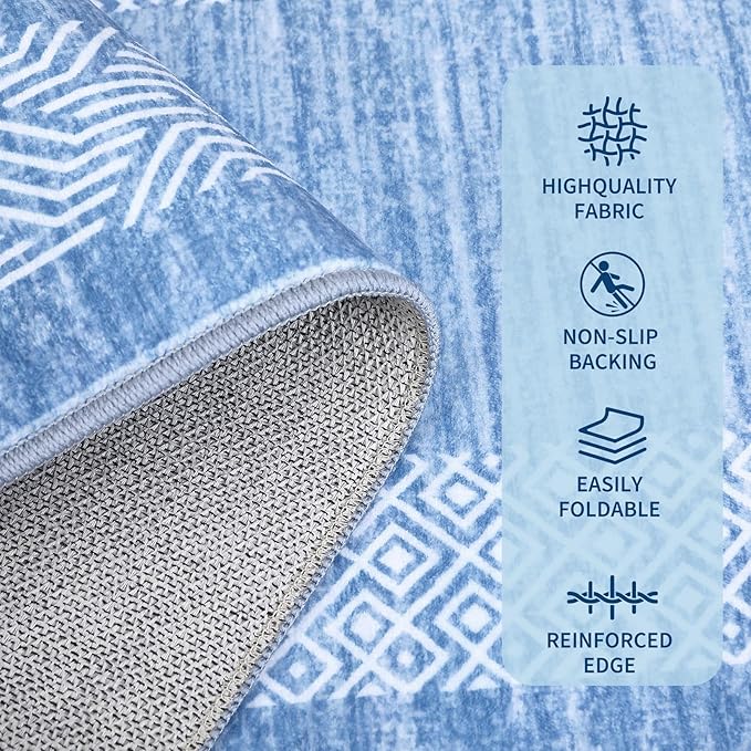 GarveeHome Washable 2.5x10 Kitchen Runner Rug, Easy Clean Geometri Rugs for Hallway Entryway, Indoor Outdoor Non Slip Rug Farmhouse Morden Carpet Door Mat Area Rug for Laundry Room Light Blue