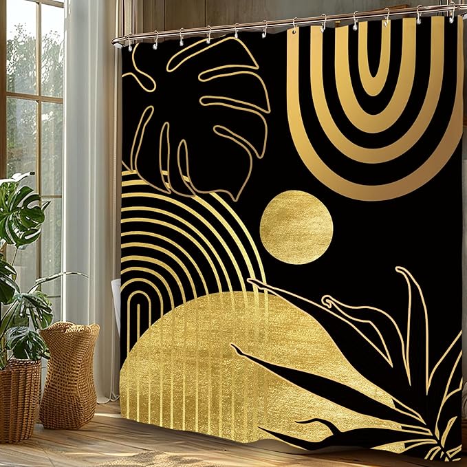 Miyotaa Abstract Modern Shower Curtain Set 60Wx71H Inches Minimalist Aesthetic Black Gold Contemporary Plant Monstera Leaves Geometric Polyester Waterproof Bathroom Curtain with 12 Hooks