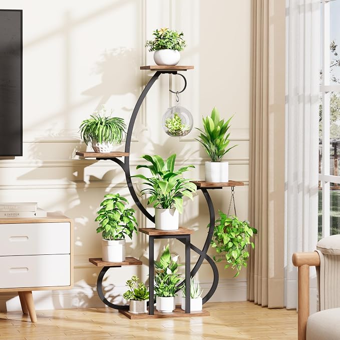 Plant Stand Indoor with Grow Lights, 6 Tiered Corner Plant Shelf , 47'' Plant Stands for Multiple Plants, Metal Curve Shaped Plant Holder Display Rack , Flower Stands for Living Room Patio Home Decor