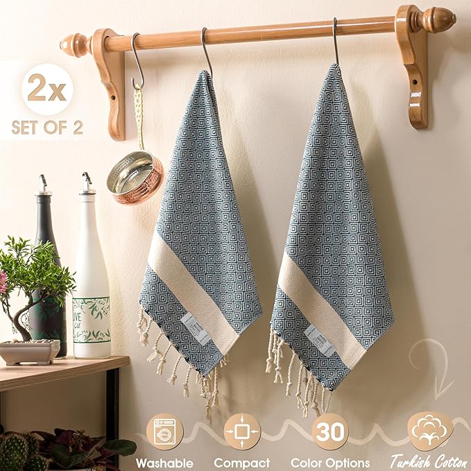 Hand Towels - Set of 2 | 18" x 30" - Decorative Turkish Hand Towel for Bathroom, Kitchen, Guest, Face, Hair, Tea, Dishcloth (Diamond, Navy Blue)