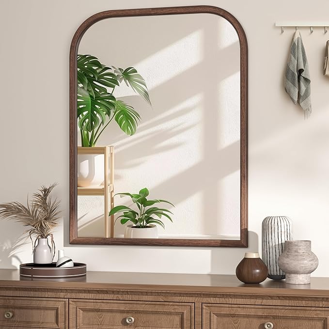 28"x36" Arch Wall Mirror for Wall, Wall Mounted Vanity Mirror for Bedroom, Wood Grain Finish Frame Mirror with Tempered Glass, Vintage Decorative for Bathroom, Entryway, Living Room, Walnut