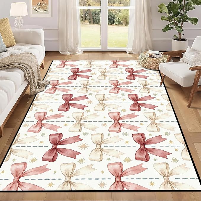 Pink Bowknot Area Rug 3'x5' Watercolor Coquette Aesthetic Non-Slip Washable Carpet for Entryway Bedroom Living Room Nursery Kitchen Playroom Home Decor Soft Low Pile Floor Mat