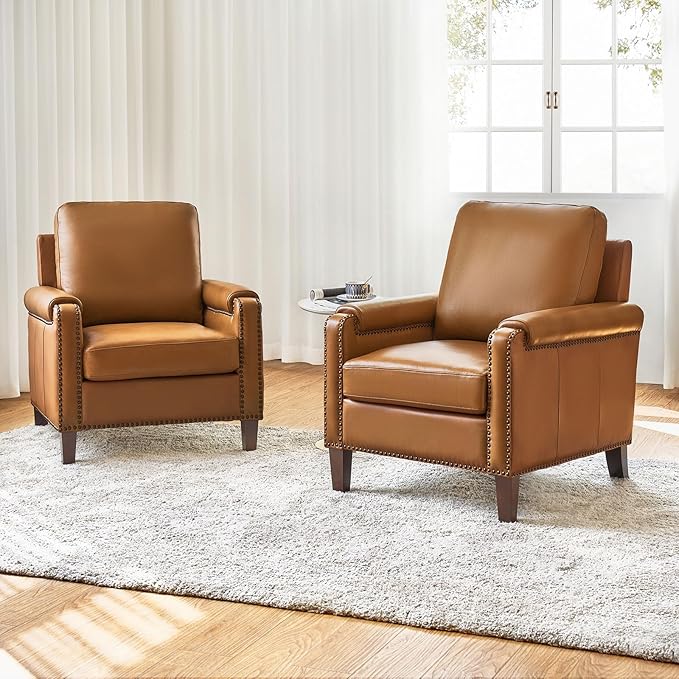 HULALA Home Genuine Leather Accent Chair with Wooden Legs & Nailhead Trim, Comfy Upholstered Armchair with Removable Cushion & Rolled Arms Set of 2 (Camel)
