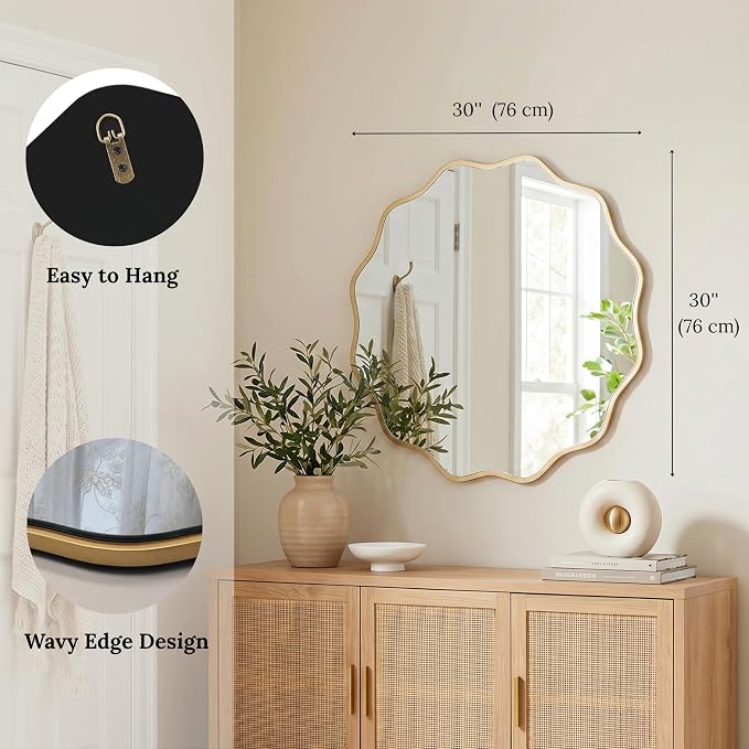 PERFNIQUE Gold Scalloped Mirror, 30'' Round Wall Mirrors Wavy Wood Framed with Tempered Glass for Bathroom Nursery Bedroom Living Room Entryway, Decorative Modern Wall Decor