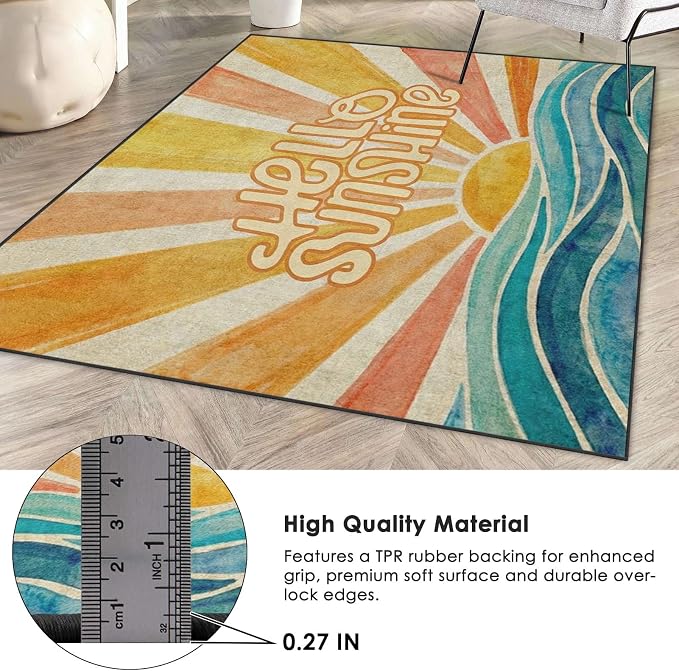 Area Rugs 2'x3' Washable Rug, Retro Sunshine Boho Stain Resistant Non Slip Backing Groovy Summer Carpet for Living Room Bedroom Dining Room
