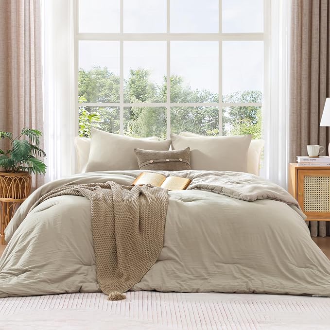 WRENSONGE Queen Comforter Set - 3 Pieces Prewashed Light Oatmeal Comforter Soft Lightweight for All Seasons,Down Alternative Comforters Queen Size with 2 Pillow Shams
