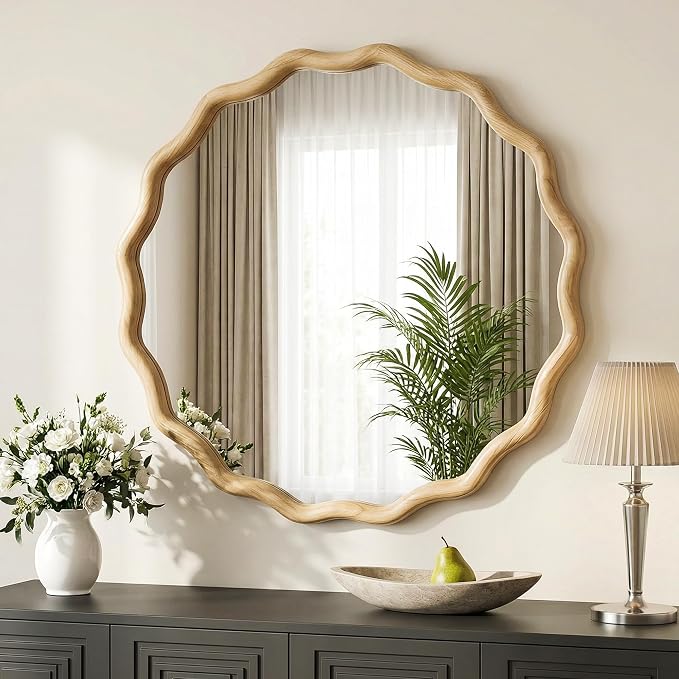 TRAHOME Round Wood Mirrors for Wall, 28" Boho Circle Wavy Mirror with Wooden Frame, Decorative Mirror with Tempered Glass, Natural Wooden Frame Vanity Mirror for Bedroom, Living Room, Entryway