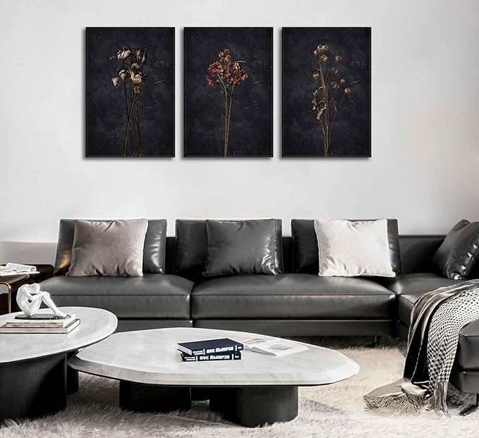 3Pcs Dark Floral Canvas wall art Moody Dried Wildflower Posters Pictures Nature Wilderness Botanical Paintings Abstract Prints for Living Room Bedroom Office Modern Farmhouse Wall Decor Framed