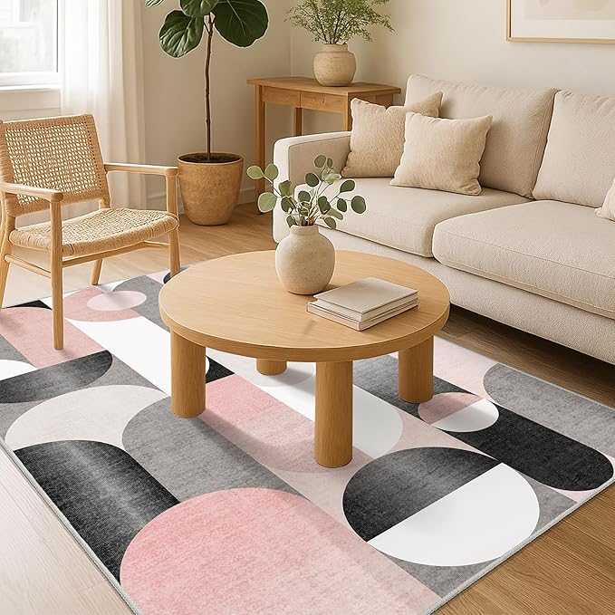 Pink Rug 4x6.5 Washable Area Rugs for Bedroom Living Room Kitchen Entryway Bedside,Modern Non Slip Carpet,Small Blush Grey Black