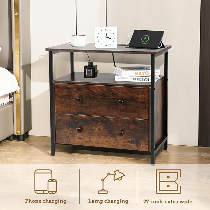 27 inch Wide Night Stand with Charging Station, Bedside Table with Open Shelf, 2 Drawers Small Wood Dresser, Modern Wood Nightstand for Bedroom/Living Room (Rustic Brown)
