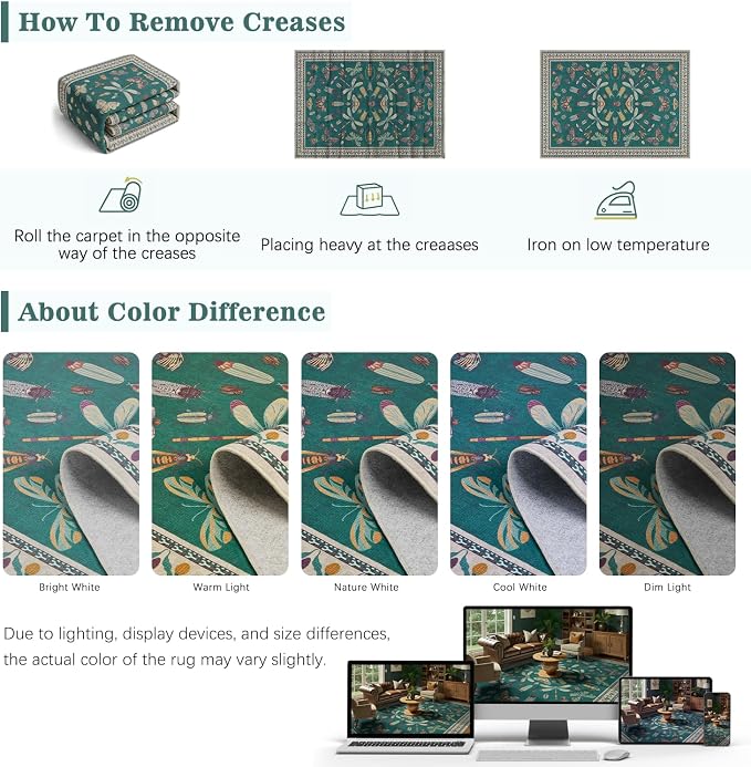 DCX 8x10 Washable Insect Rug, Vintage Gothic Deep Teal Rug with Non-Slip Rubber Backing, Soft Low-Pile, Stain-Resistant, Kid & Pet Friendly, for Living Room, Bedroom, Office, and Nature-Themed Decor