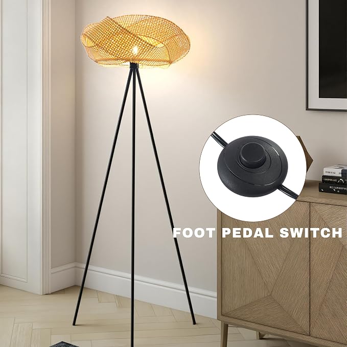 Handwoven Tripod Floor Lamp, Boho Bamboo Woven Lotus Shade Tall Standing Lamp, Black Metal Base for Living Room Bedroom Entryway, E26 Socket (Natural)