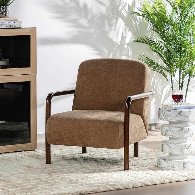Glitzhome Modern Accent Chair for Living Room, Upholstered Extra-Cushioned Fabric Armchair with Walnut Rubber Wood Frame, Comfy Single Chair for Living Room/Bedroom/Reading Room/Office