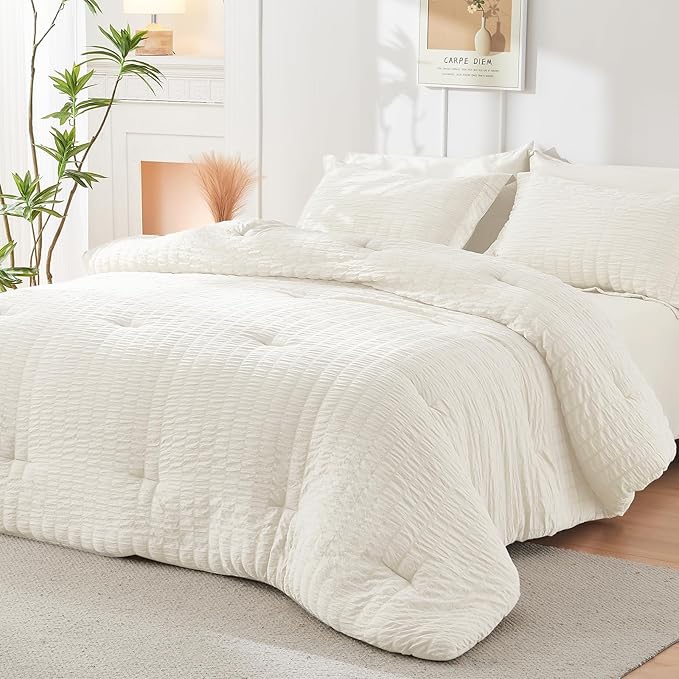 HYMOKEGE Ivory Queen Comforter Set Seersucker 7 Pieces, All Season Luxury Bed in a Bag for Bedroom, Bedding Set with Comforters, Sheets, Pillowcases & Shams