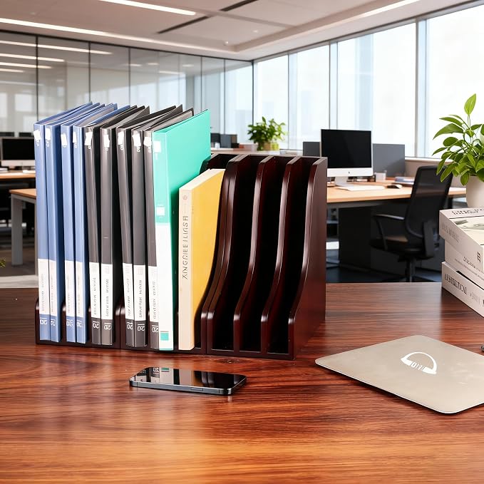 Solid Wood Vertical File Organizer, Desktop Document Holder with Customizable Design, Multifunctional Desk Organizer for Mail, Paper, Books, Files, Laptops, Office & Home Desktop Organization