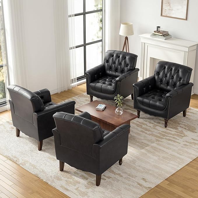 Lumibee Faux Leather Accent Chairs Set of 4, Upholstered Armchairs with Nailhead Trims & Wood Legs for Living Room, Bedroom, Contemporary Comfy Club Chairs for Office-Blue Black
