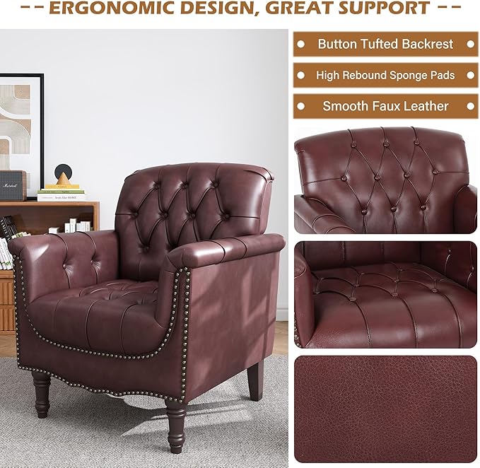 Faux Leather Accent Chair for Living Room, Tufted Arm Chair Retro Upholstered Club Armchair with Solid Wood Legs, Burgundy Red