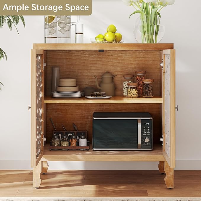 Buffet Cabinet with Storage, Accent Cabinet with 2 Carved Doors, Solid Wood Sideboard with Adjustable Shelf, Vintage Cabinets for Kitchen, Living Room, Entryway, White
