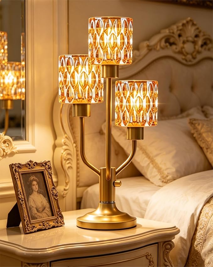 Lightdot Mid Century Modern Table Lamp for Bedroom Dimmable Nightstand Lamp Vintage Gold Desk Lamp Amber Glass 3 Bulbs Included Warmwhite Ambient Bedside Lamps for Living Room Home Office Decor Gift