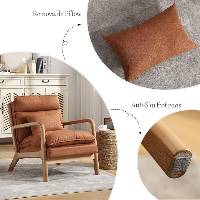 INZOY Mid Century Modern Accent Chair with Wood Frame, Upholstered Reading Armchair with Waist Cushion, Double Padded Accent Chair, Side Chair for Living Room Bedroom Office, Easy Assembly, Brown