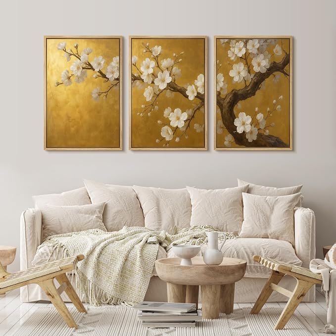 wall26 Framed Canvas Print Wall Art Set Golden Cherry Blossom Tree Elegant Floral Illustrations Fine Art Decorative Rustic for Living Room, Bedroom, Office - 16"x24"x3 Natural