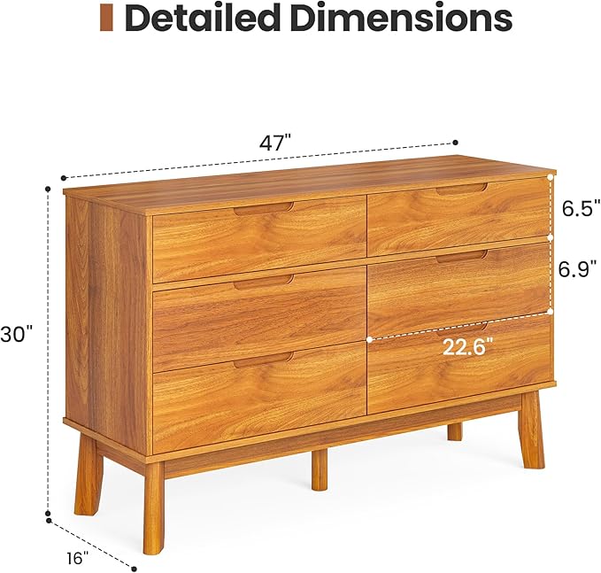 47" Wide Wooden Dresser for Bedroom, Mid-Century Modern 6 Drawer Double Dresser with Walnut Wood Grain, Large Horizontal Storage Chest for Living Room, Anti-Tip Kit, Caramel