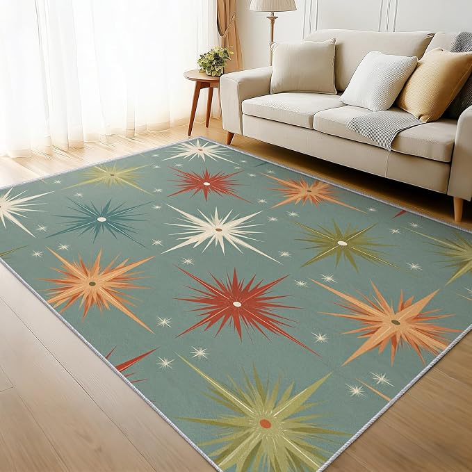 Mid Century Modern Rugs for Entryway, 2x3 ft, Retro Atomic Geometric Area Rugs for Bedroom Kitchen Entrance, Soft Non Slip Washable 1950s MCM Starburst Indoor Door Mat Home Decorations D-g48