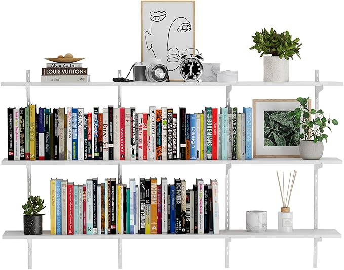 Wallniture Turin 60 inch x 8 in Wall Shelf for Home Storage and Decor, Floating Bookshelf for Living Room, Ladder Shelves with Adjustable Standard Rail Bracket System for Closet, Laundry, Kitchen