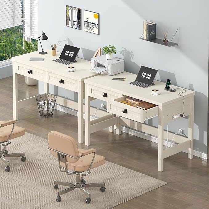 YOMILUVE Farmhouse Computer Desk with 2 Drawers, 39 Inch Small Office Computer Desk with Power Outlets, Compact Writing Study Vanity Desk for Small Spaces, White