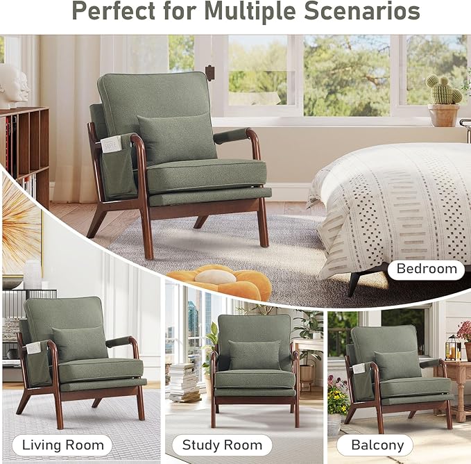ANJ Mid Century Modern Accent Chair, Lounge Reading Armchair with Extra Side Pocket & Detachable Cushion, Comfy Fabric Accent Chairs for Living Room, Bedroom,Green