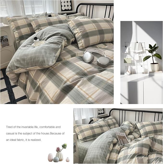 VM VOUGEMARKET Teen Boys Plaid Duvet Cover Set Twin XL Simple Farmhouse Style Cotton Green Buffalo Plaid Gingham Bedding Set 1 Duvet Cover with 2 Pillowcases