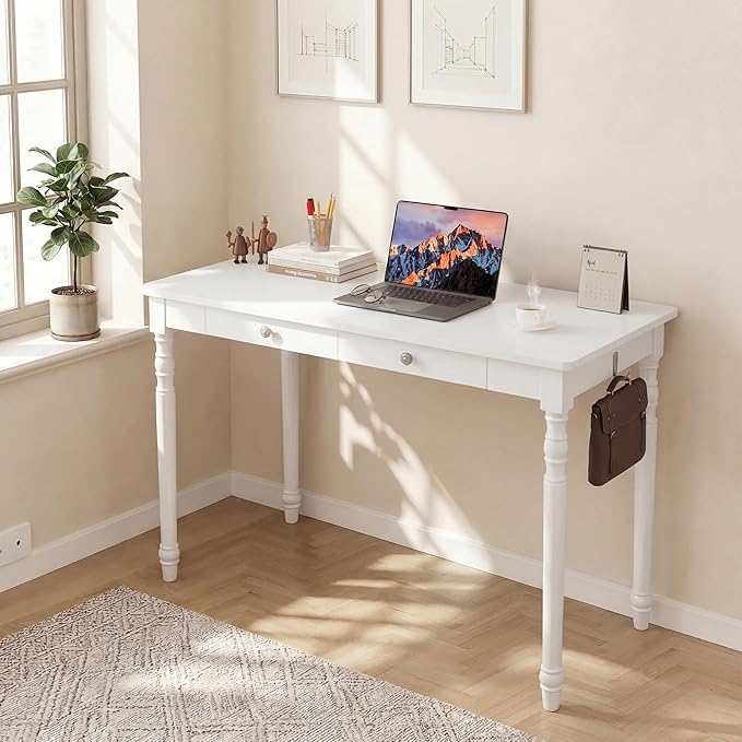 Mid Century Modern Desk, 47" White Solid Wood Desk with 2 Drawers, Wooden Writing Desk Computer Table for Home, Office, Bedroom, Living Room