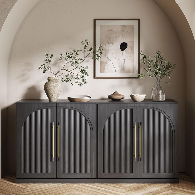 BELLEZE 65 Inch Sideboard Cabinet with Double-Arc Wood Doors, Large Buffet Cabinet with Storage and Adjustable Shelves, Classic Modern Console Table for Dining Room Living Room Entryway (Ebony)