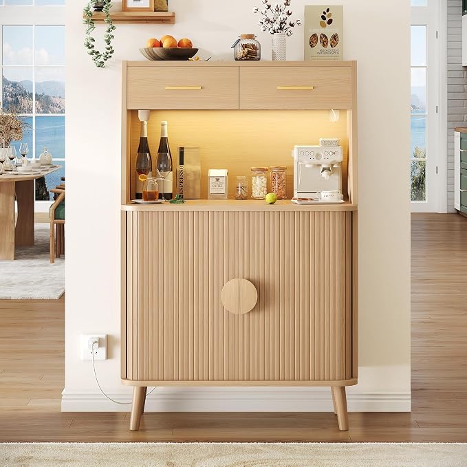 Decofy 47.2" Sideboard Buffet Cabinet with LED Light & Sliding Door, Modern Storage Cabinet with Adjustable Shelf &2 Drawers, Coffee Bar for Kitchen, Entryway(Oak)